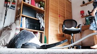Fat italian stepmom vacuums carpet and very dirty floor