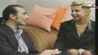 The husband agrees by lending the blonde woman to her friends who fuck her in gangbang with double anal penetrations