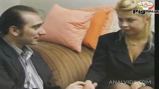 The husband agrees by lending the blonde woman to her friends who fuck her in gangbang with double anal penetrations