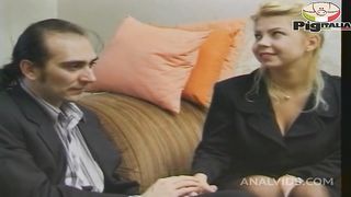 The husband agrees by lending the blonde woman to her friends who fuck her in gangbang with double anal penetrations