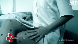 Blanche Summer and Nilla Black are sluts with small tits get fucked in the ass and get their mouths filled