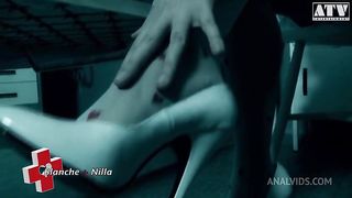 Blanche Summer and Nilla Black are sluts with small tits get fucked in the ass and get their mouths filled