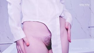 Skinny girl Ochako Uraraka shaves her hairy pussy