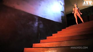 Aliz a whore with small breasts and dark hair has her ass and pussy stretched by a big cock and gets fucked in the ass