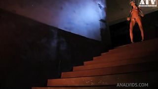 Aliz a whore with small breasts and dark hair has her ass and pussy stretched by a big cock and gets fucked in the ass