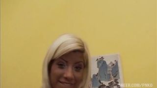 A very hot and eager blonde bends over doggy style !!!