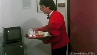 the waiter fucks the 2 sluts and a couple has sex while spying on them through the keyhole