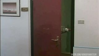 the waiter fucks the 2 sluts and a couple has sex while spying on them through the keyhole