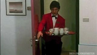 the waiter fucks the 2 sluts and a couple has sex while spying on them through the keyhole