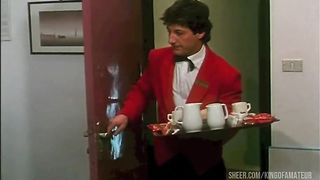 the waiter fucks the 2 sluts and a couple has sex while spying on them through the keyhole