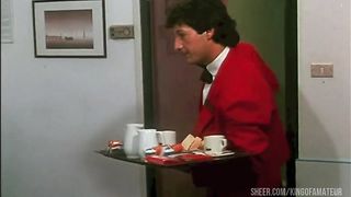 the waiter fucks the 2 sluts and a couple has sex while spying on them through the keyhole