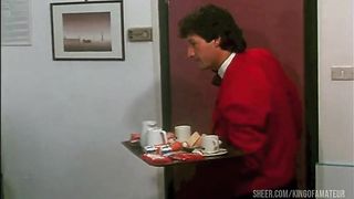 the waiter fucks the 2 sluts and a couple has sex while spying on them through the keyhole