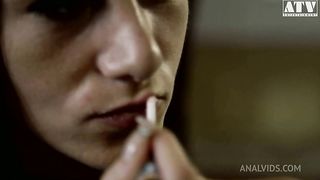 Eveline a slutty mature woman with a lot of fur on her pussy and brown hair gets her ass penetrated