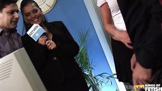 Man and a sexy babe from television fuck with their clients while interviewing