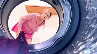 Stepmom stuck in the washing machine takes it in both holes to keep it a secret