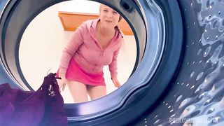 Stepmom stuck in the washing machine takes it in both holes to keep it a secret