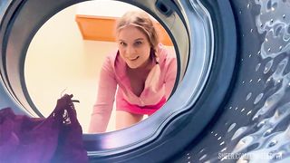 Stepmom stuck in the washing machine takes it in both holes to keep it a secret