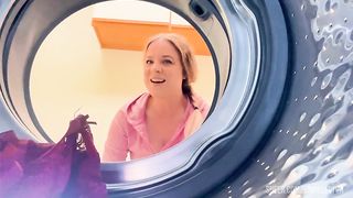 Stepmom stuck in the washing machine takes it in both holes to keep it a secret