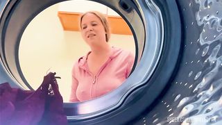 Stepmom stuck in the washing machine takes it in both holes to keep it a secret