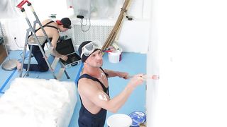 Skinny blonde double penetrated with workers