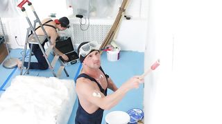 Skinny blonde double penetrated with workers