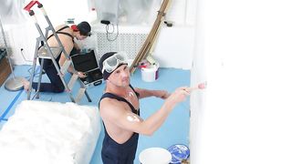 Skinny blonde double penetrated with workers