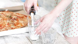 Skinny blonde double penetrated with workers