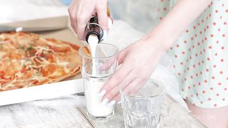 Skinny blonde double penetrated with workers