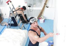 Skinny blonde double penetrated with workers