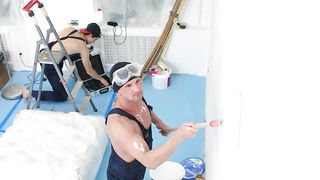 Skinny blonde double penetrated with workers