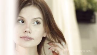 Slim redhead masturbates before FMM 3Some