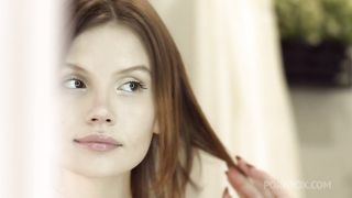 Slim redhead masturbates before FMM 3Some