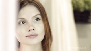 Slim redhead masturbates before FMM 3Some