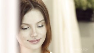 Slim redhead masturbates before FMM 3Some