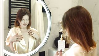 Slim redhead masturbates before FMM 3Some