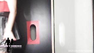 My boss takes me to a Glory hole and some guys use me, the last one breaks his condom and cums inside my pussy.