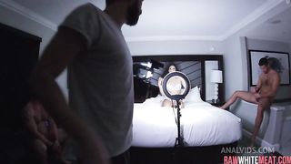 Gorgeous black babe DPd by hard white dicks BTS