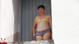 My wife teasing outside while she's cleaning. I lick her asshole and we having sex on porch