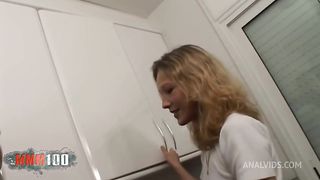 Beautiful blonde Lady Margaux gets her ass fucked good in the kitchen