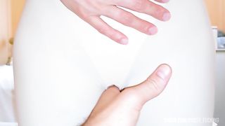 18 Student in YOGA PANTS getting HUGE CUM on shaved PUSSY