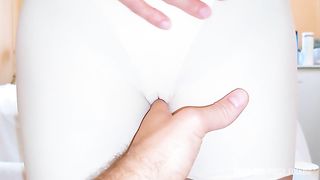 18 Student in YOGA PANTS getting HUGE CUM on shaved PUSSY