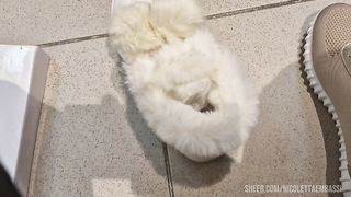 In the shoe shop we try on all the slippers