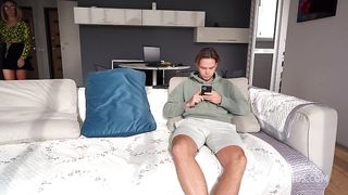 Cheating With Milf Stepmom On The Sofa! Blonde Gets Creampied While Gf Doing A Homework