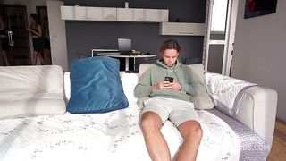 Cheating With Milf Stepmom On The Sofa! Blonde Gets Creampied While Gf Doing A Homework