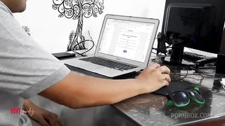 IT technician puts a stick in the client's pussy.