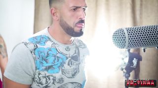 The interviewer sits on the stick against the rule and gets assfuck