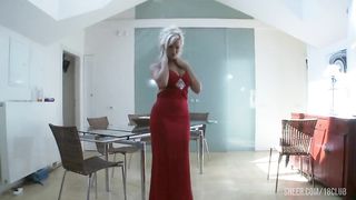 Cindy Dollar Strips Out Of Her Red Dress And Works Her Twat With A Powerful Vibe