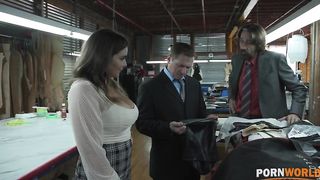 Two Cocks For Booby Brunette